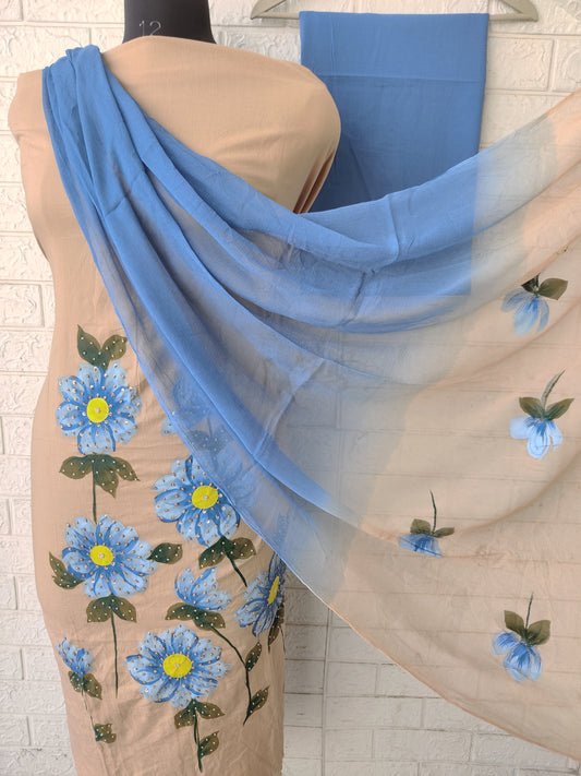 Exclusive Unstitched Cotton  Work Suits with Chiffon Dupatta