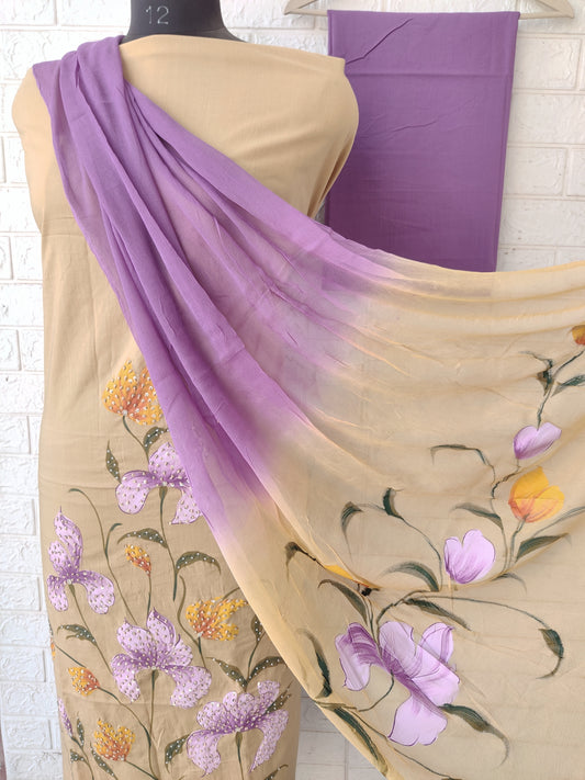 Exclusive Unstitched Cotton  Work Suits with Chiffon Dupatta