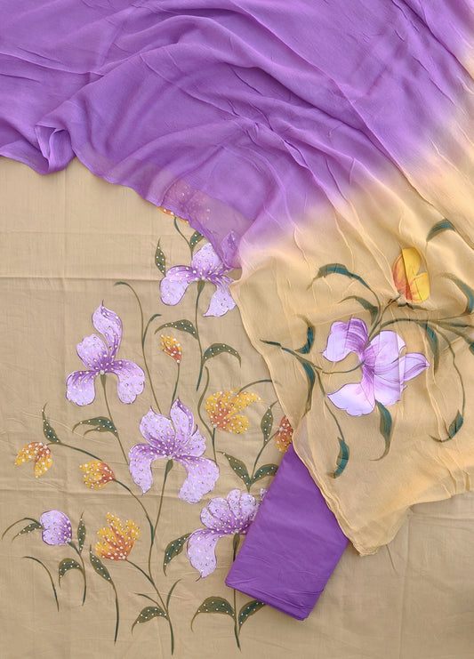 Exclusive Unstitched Cotton  Work Suits with Chiffon Dupatta