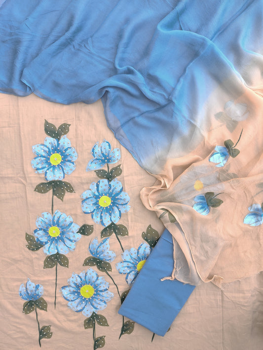 Exclusive Unstitched Cotton  Work Suits with Chiffon Dupatta