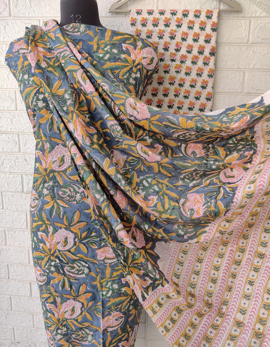 Hand Block Printed Cotton Suit With Mulmul Cotton Dupatta