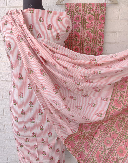 Hand Block Printed Cotton Suit With Mulmul Cotton Dupatta