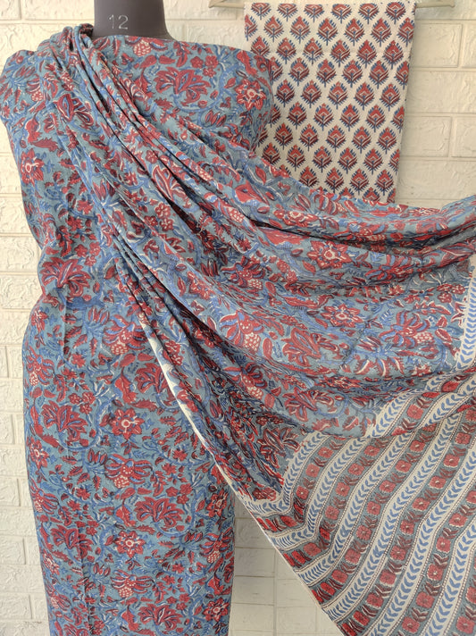 Hand Block Printed Cotton Suit With Mulmul Cotton Dupatta