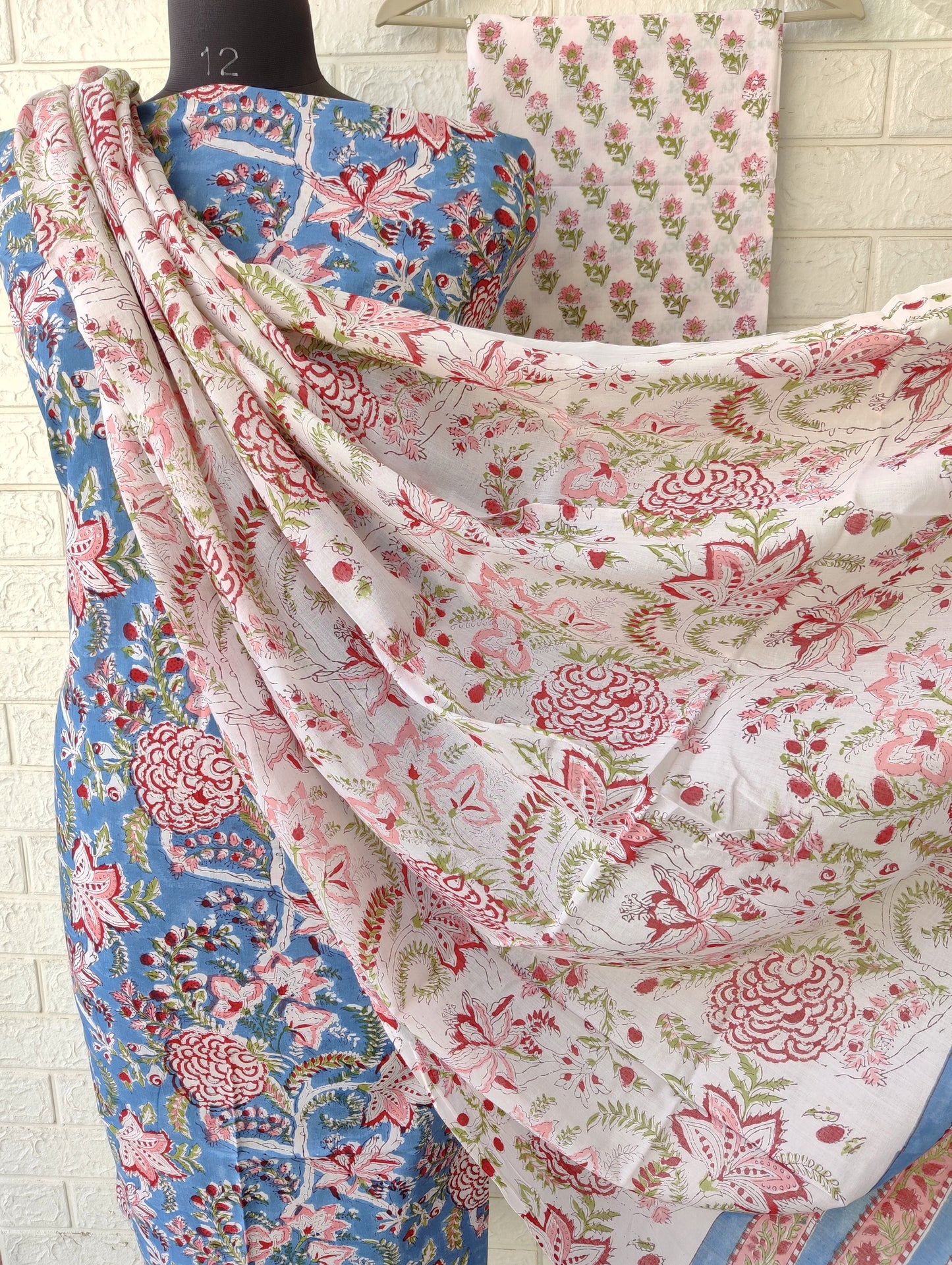 Hand Block Printed Cotton Suit With Mulmul Cotton Dupatta