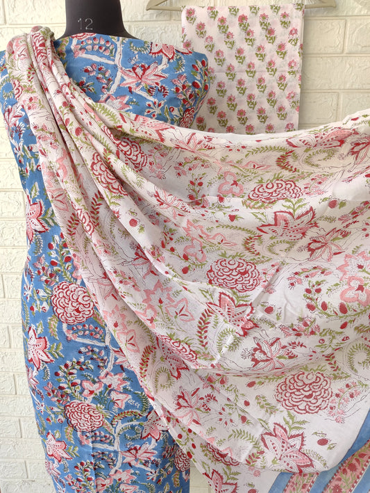 Hand Block Printed Cotton Suit With Mulmul Cotton Dupatta