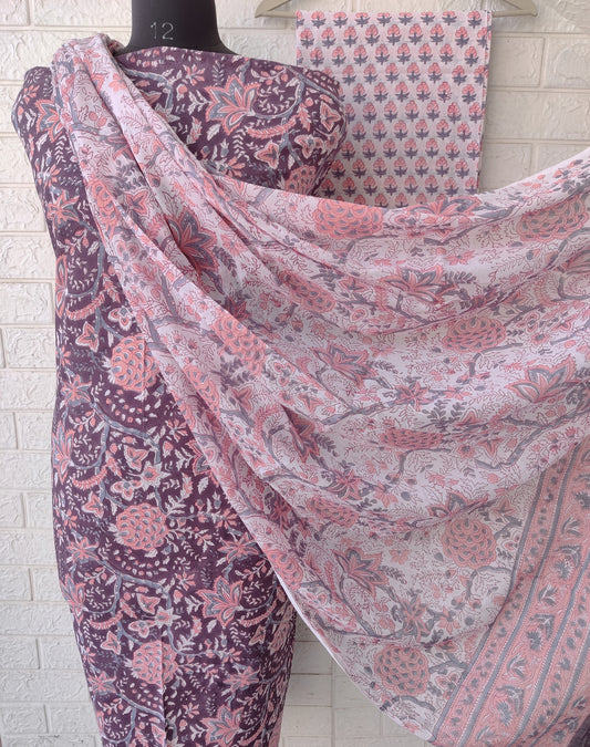 Hand Block Printed Cotton Suit With Mulmul Cotton Dupatta