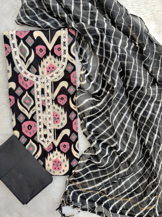 JAIPURI PRINTED GOTA PATTI NECK WORK SUITS WITH LEHRIYA KOTA DORIA DUPATTA