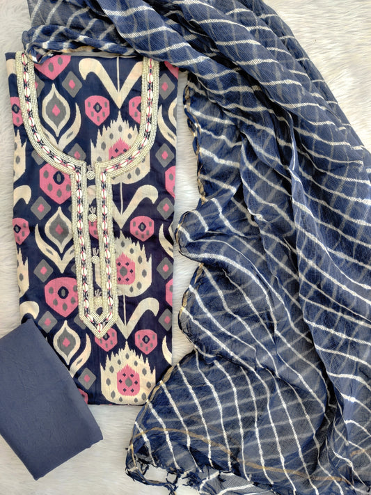 JAIPURI PRINTED GOTA PATTI NECK WORK SUITS WITH LEHRIYA KOTA DORIA DUPATTA