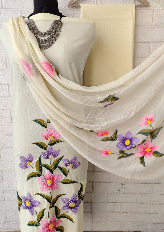 Exclusive Unstitched Cotton  Work Suits with Chiffon Dupatta