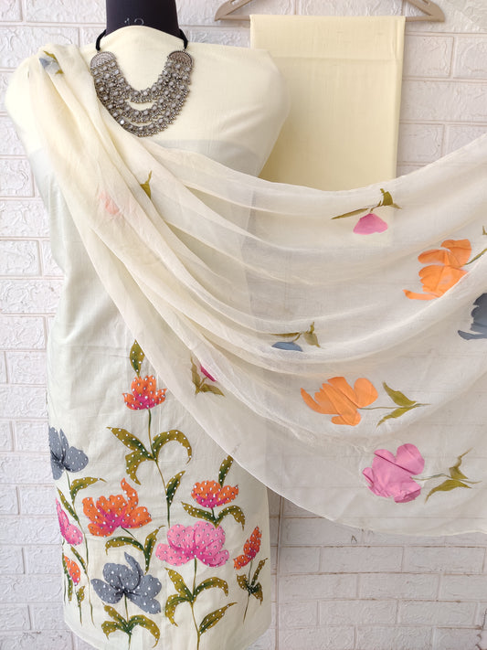 Exclusive Unstitched Cotton  Work Suits with Chiffon Dupatta