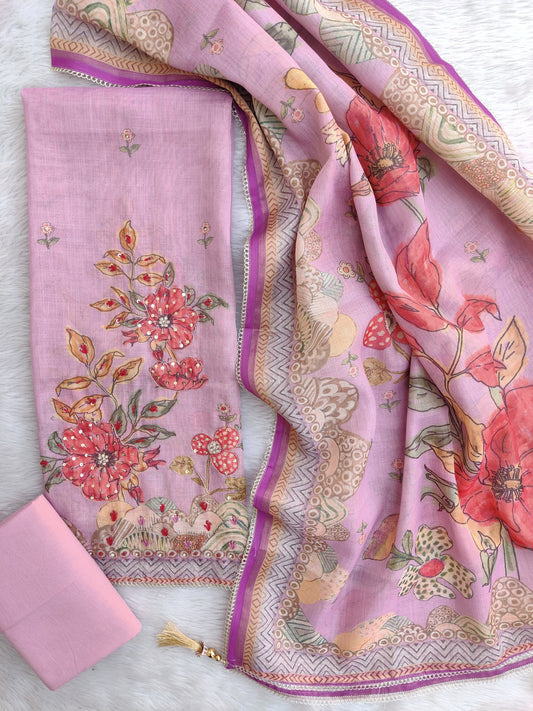 Exclusive Unstitched Linen Neck Work Suits with Linen Digital Printed Dupatta