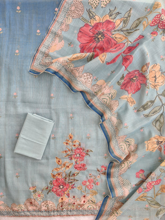Exclusive Unstitched Linen Neck Work Suits with Linen Digital Printed Dupatta