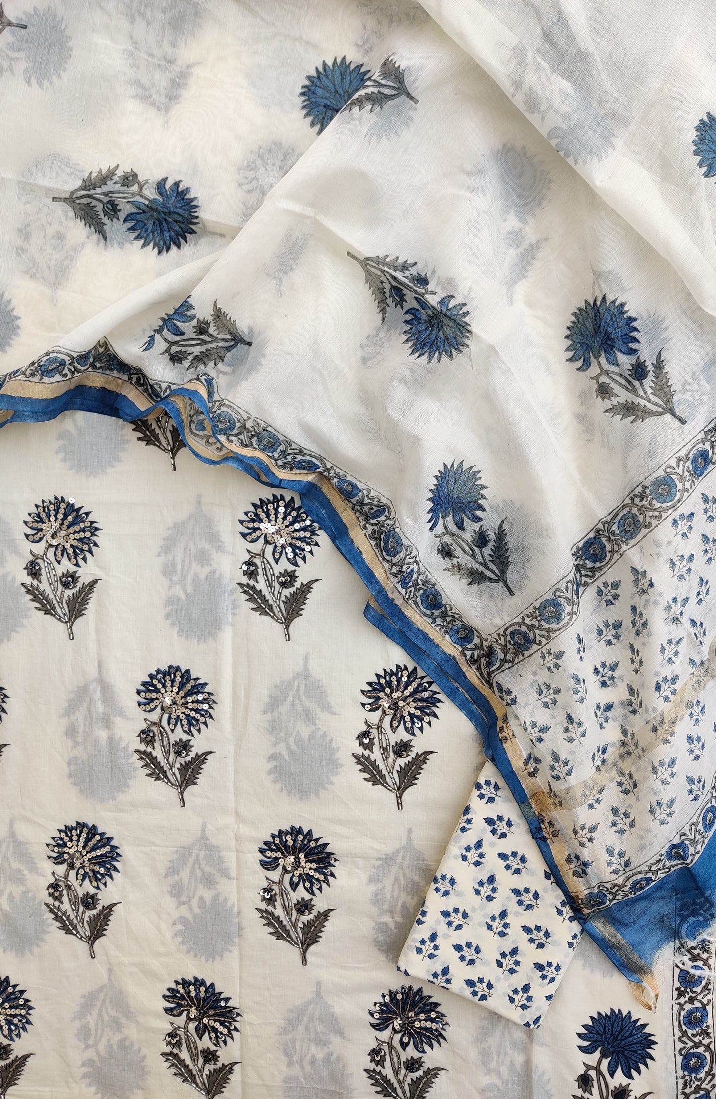 Hand Block Printed Cotton Suit with Mul Chanderi Dupatta