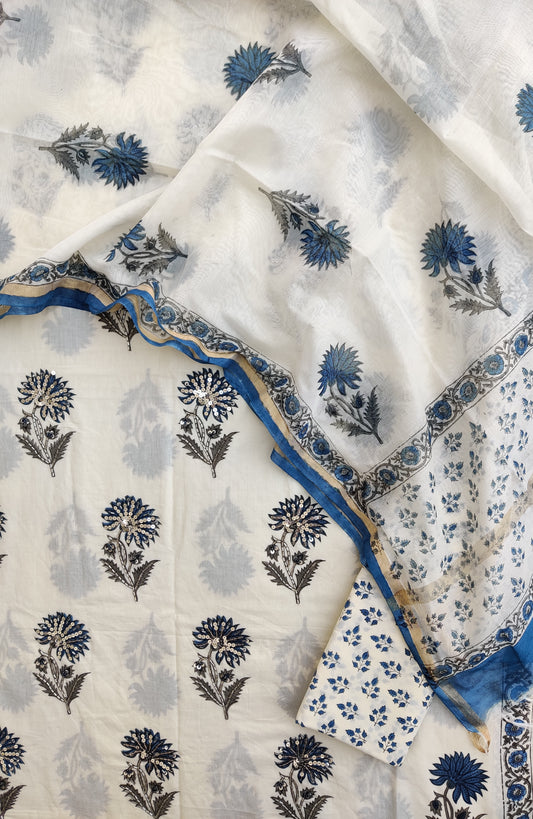 Hand Block Printed Cotton Suit with Mul Chanderi Dupatta