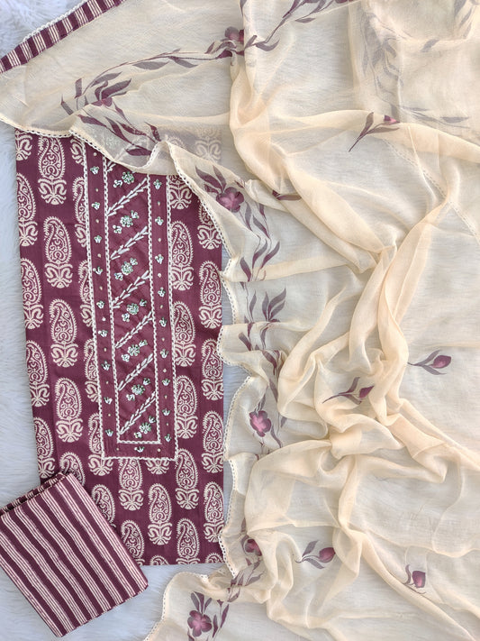 Exclusive Unstitched Cotton Neck Work Suits with Chiffon Dupatta l