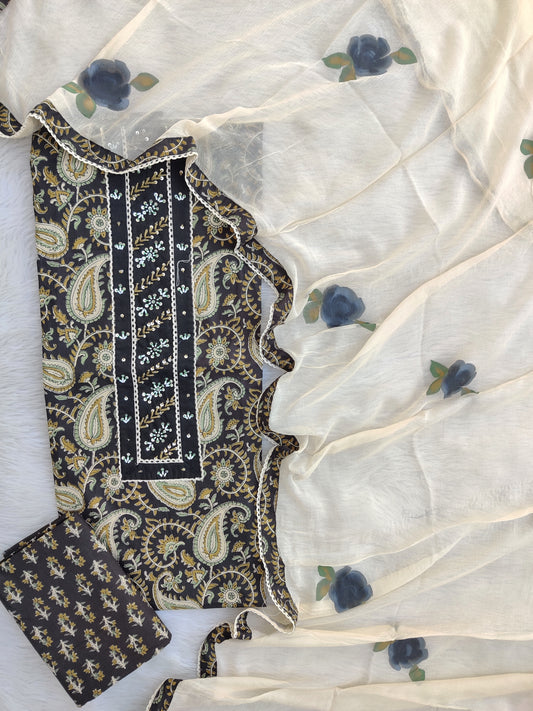 Exclusive Unstitched Cotton Neck Work Suits with Chiffon Dupatta