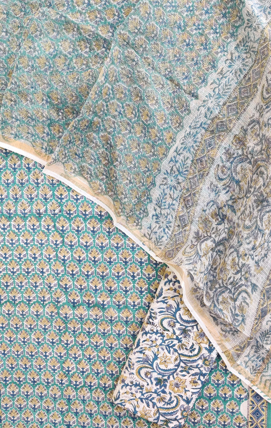 Hand Block Printed Cotton Suit with Cotton Kota Doria dupatta