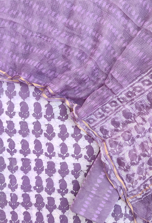 DABU Hand Block Printed Cotton Suit with Cotton Kota Doria dupatta