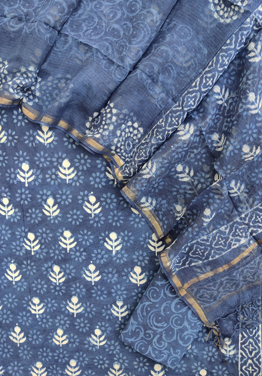 INDIGO DABU Hand Block Printed Cotton Suit with Cotton Kota Doria dupatta