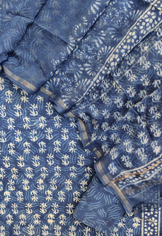 INDIGO DABU Hand Block Printed Cotton Suit with Cotton Kota Doria dupatta