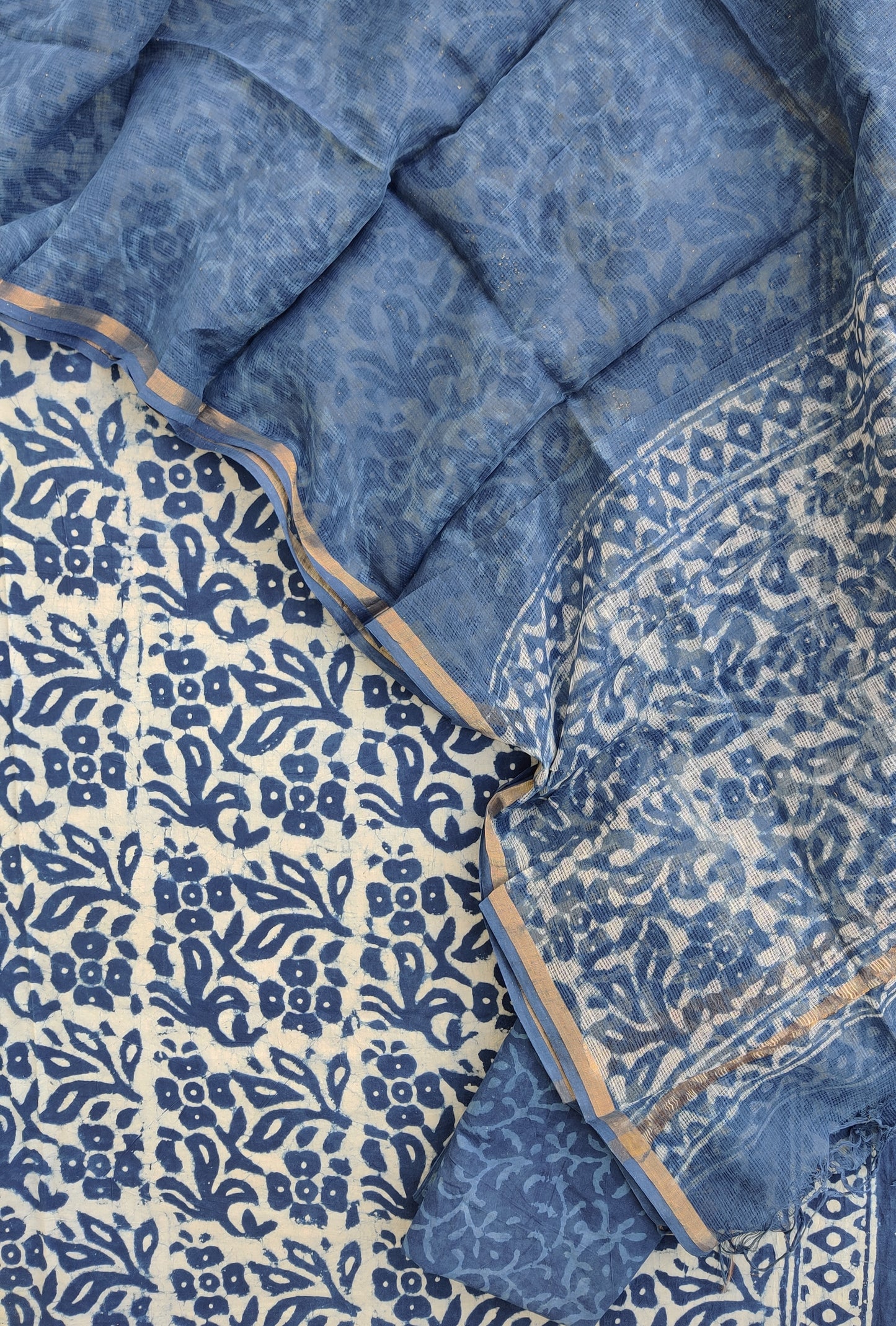 INDIGO DABU Hand Block Printed Cotton Suit with Cotton Kota Doria dupatta