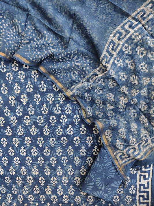 INDIGO DABU Hand Block Printed Cotton Suit with Cotton Kota Doria dupatta