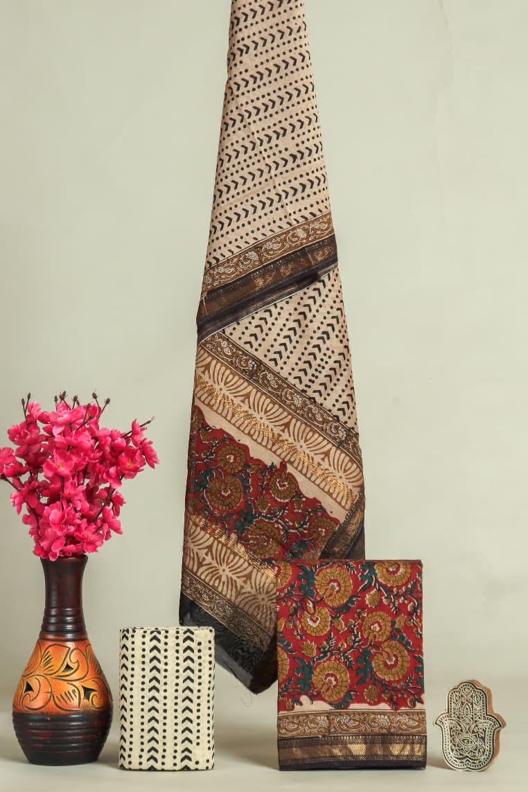 HAND BLOCK Printed Maheshwari Silk Suit with Maheshwari Silk Dupatta