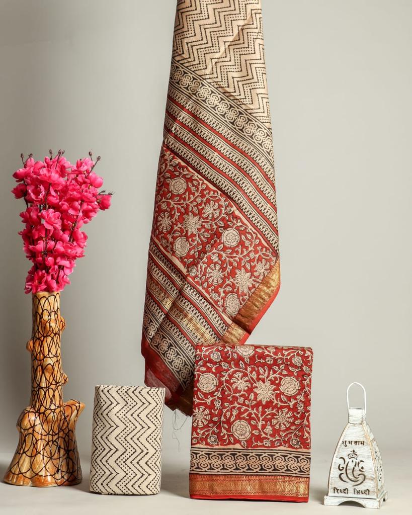 HAND BLOCK Printed Maheshwari Silk Suit with Maheshwari Silk Dupatta