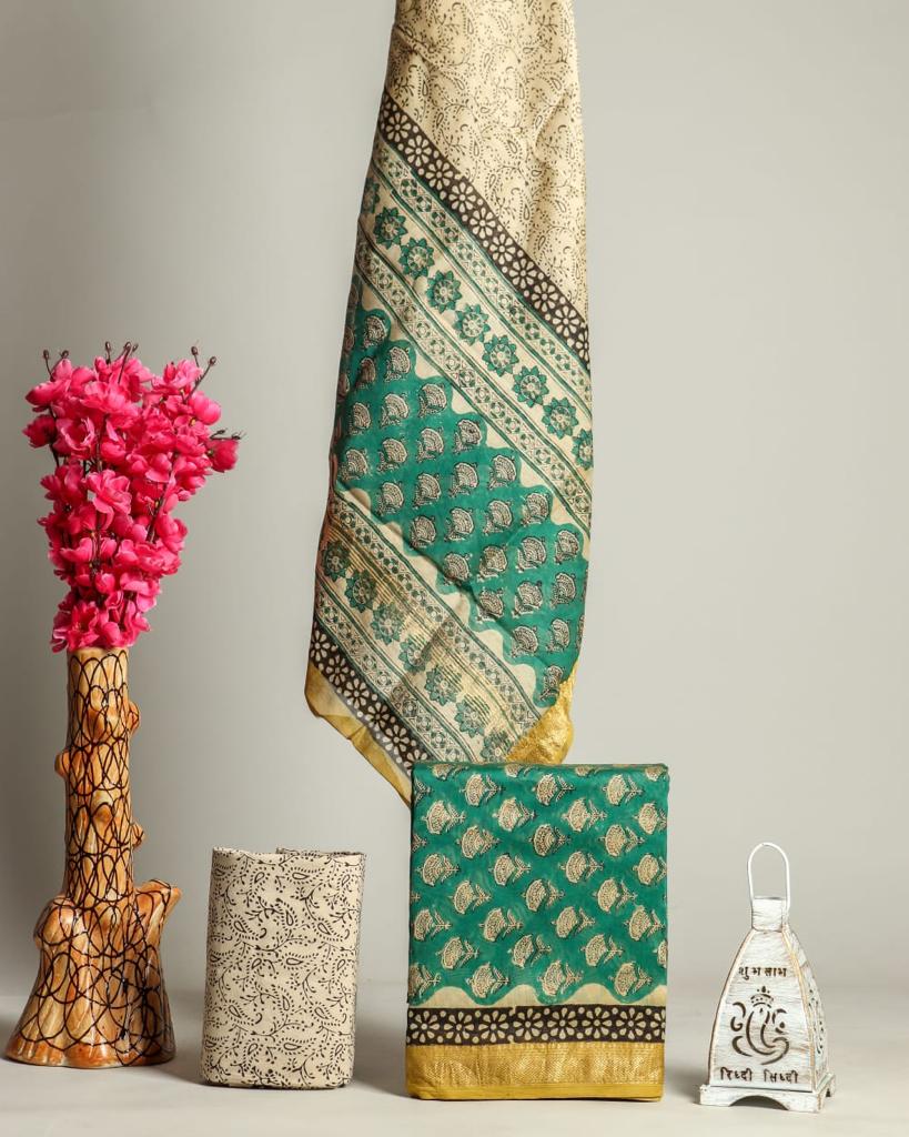 HAND BLOCK Printed Maheshwari Silk Suit with Maheshwari Silk Dupatta