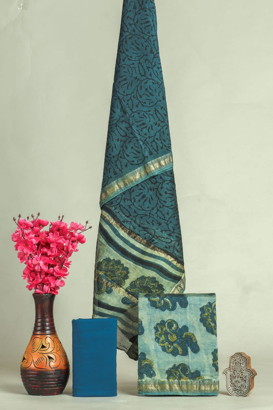 HAND BLOCK Printed Maheshwari Silk Suit with Maheshwari Silk Dupatta