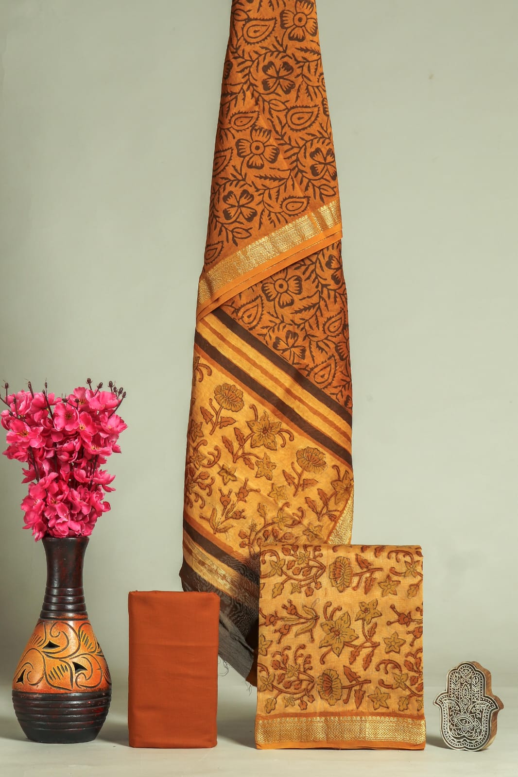 HAND BLOCK Printed Maheshwari Silk Suit with Maheshwari Silk Dupatta