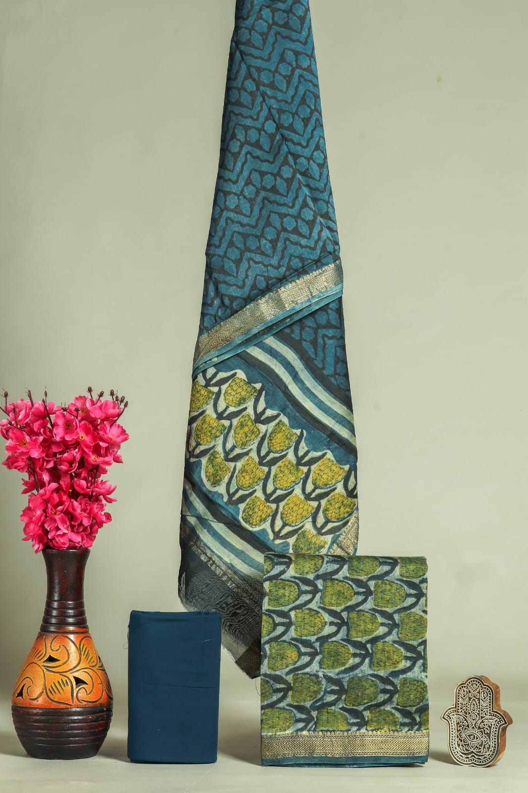 HAND BLOCK Printed Maheshwari Silk Suit with Maheshwari Silk Dupatta