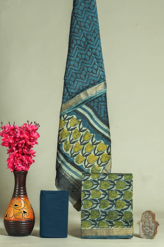 HAND BLOCK Printed Maheshwari Silk Suit with Maheshwari Silk Dupatta