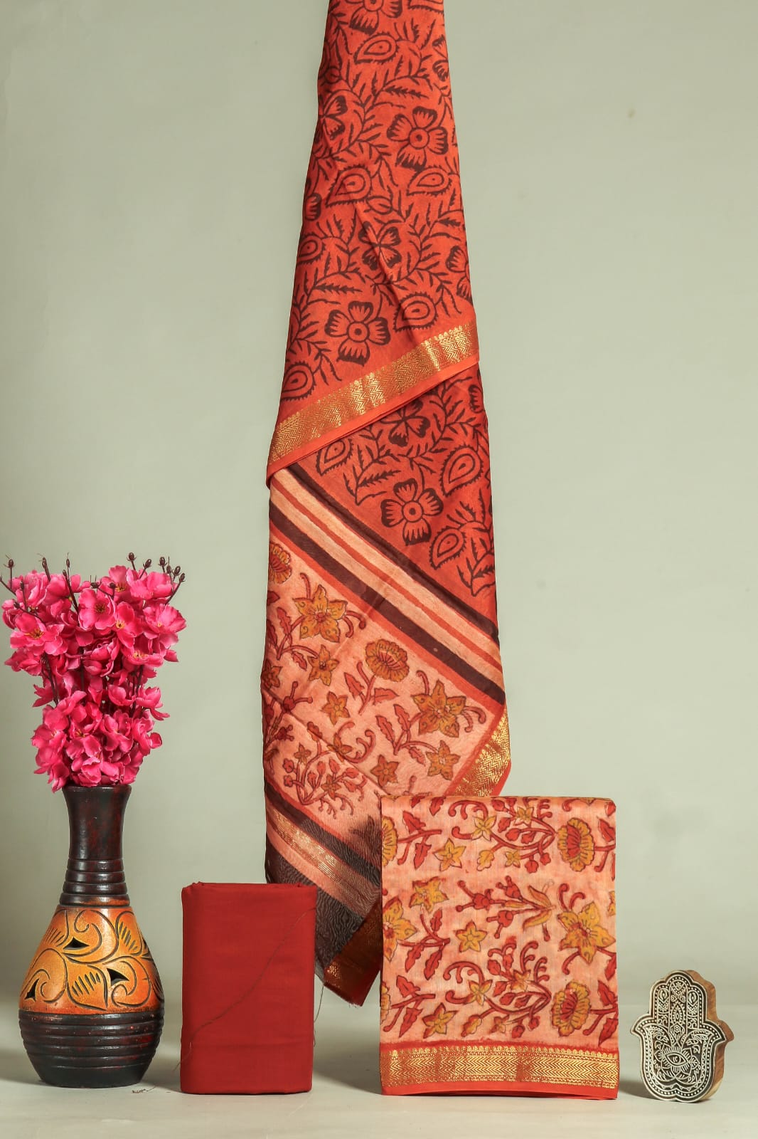 HAND BLOCK Printed Maheshwari Silk Suit with Maheshwari Silk Dupatta