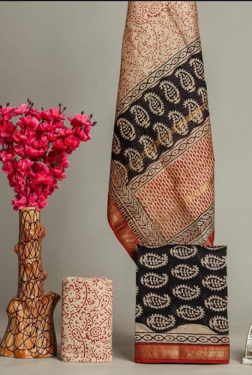 HAND BLOCK Printed Maheshwari Silk Suit with Maheshwari Silk Dupatta