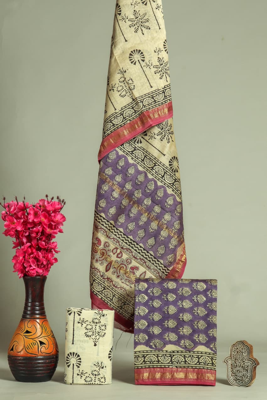 HAND BLOCK Printed Maheshwari Silk Suit with Maheshwari Silk Dupatta