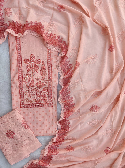 NEW LAUNCH            Exclusive Unstitched Cotton Neck Work Suits with Mulmul Dupatta