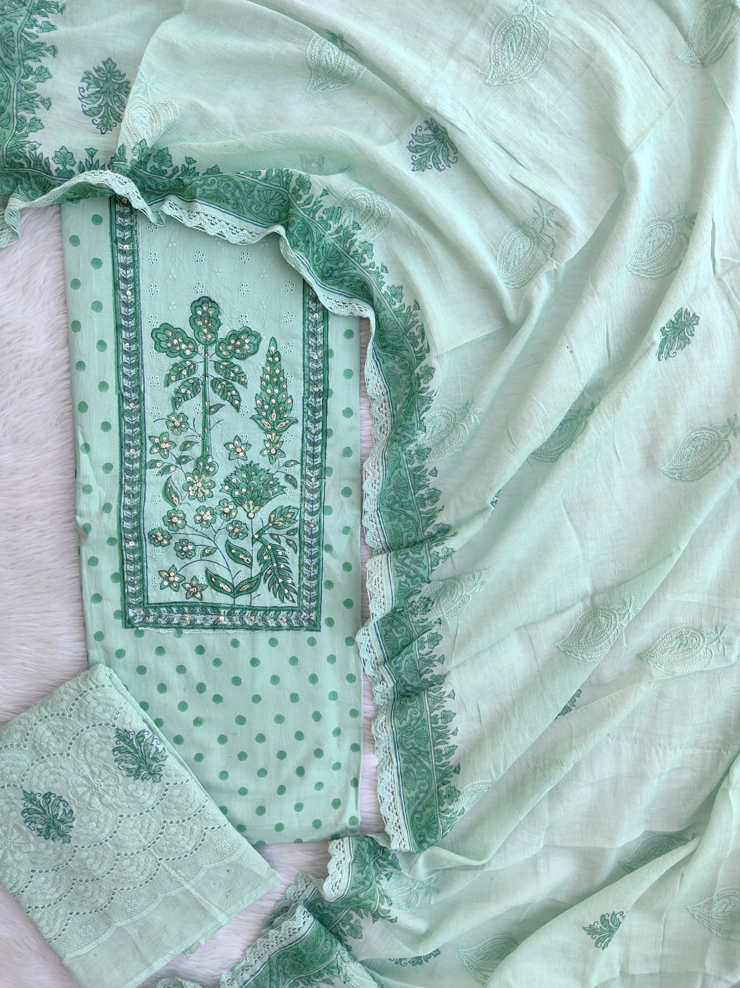 NEW LAUNCH            Exclusive Unstitched Cotton Neck Work Suits with Mulmul Dupatta