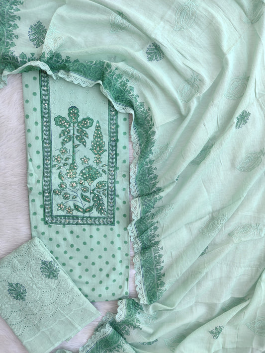 NEW LAUNCH            Exclusive Unstitched Cotton Neck Work Suits with Mulmul Dupatta