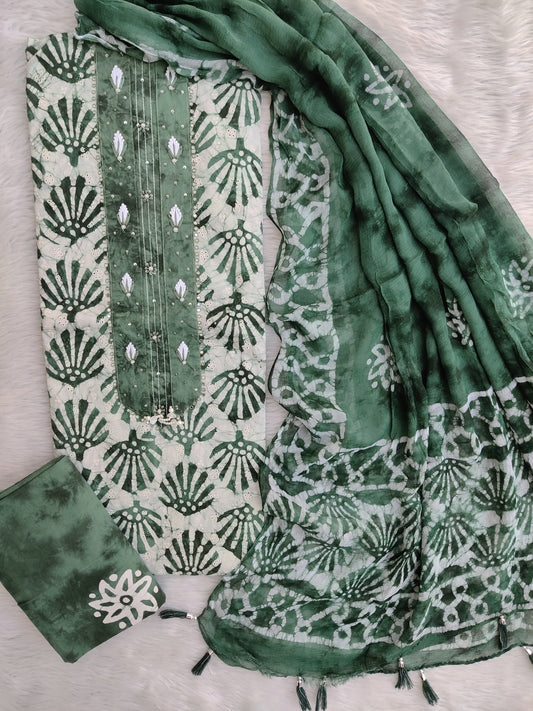 NEW LAUNCH            Exclusive Unstitched Cotton Neck Work Suits with Chiffon Dupatta