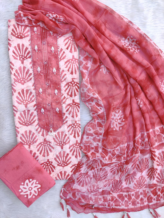 NEW LAUNCH            Exclusive Unstitched Cotton Neck Work Suits with Chiffon Dupatta