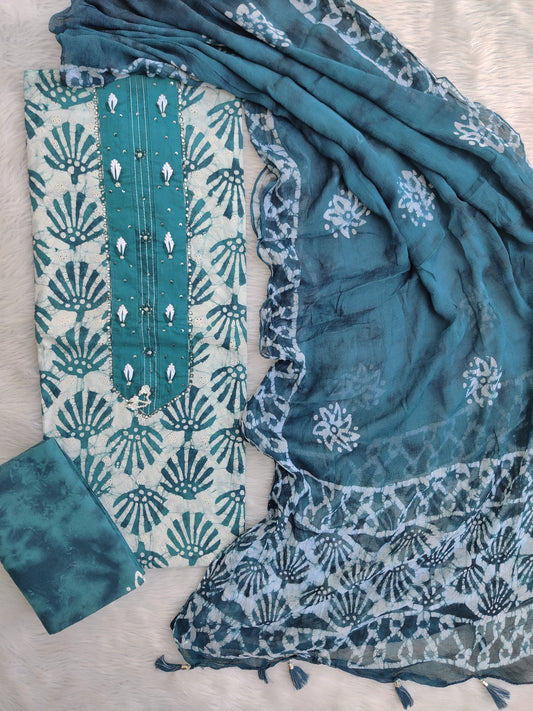 NEW LAUNCH            Exclusive Unstitched Cotton Neck Work Suits with Chiffon Dupatta
