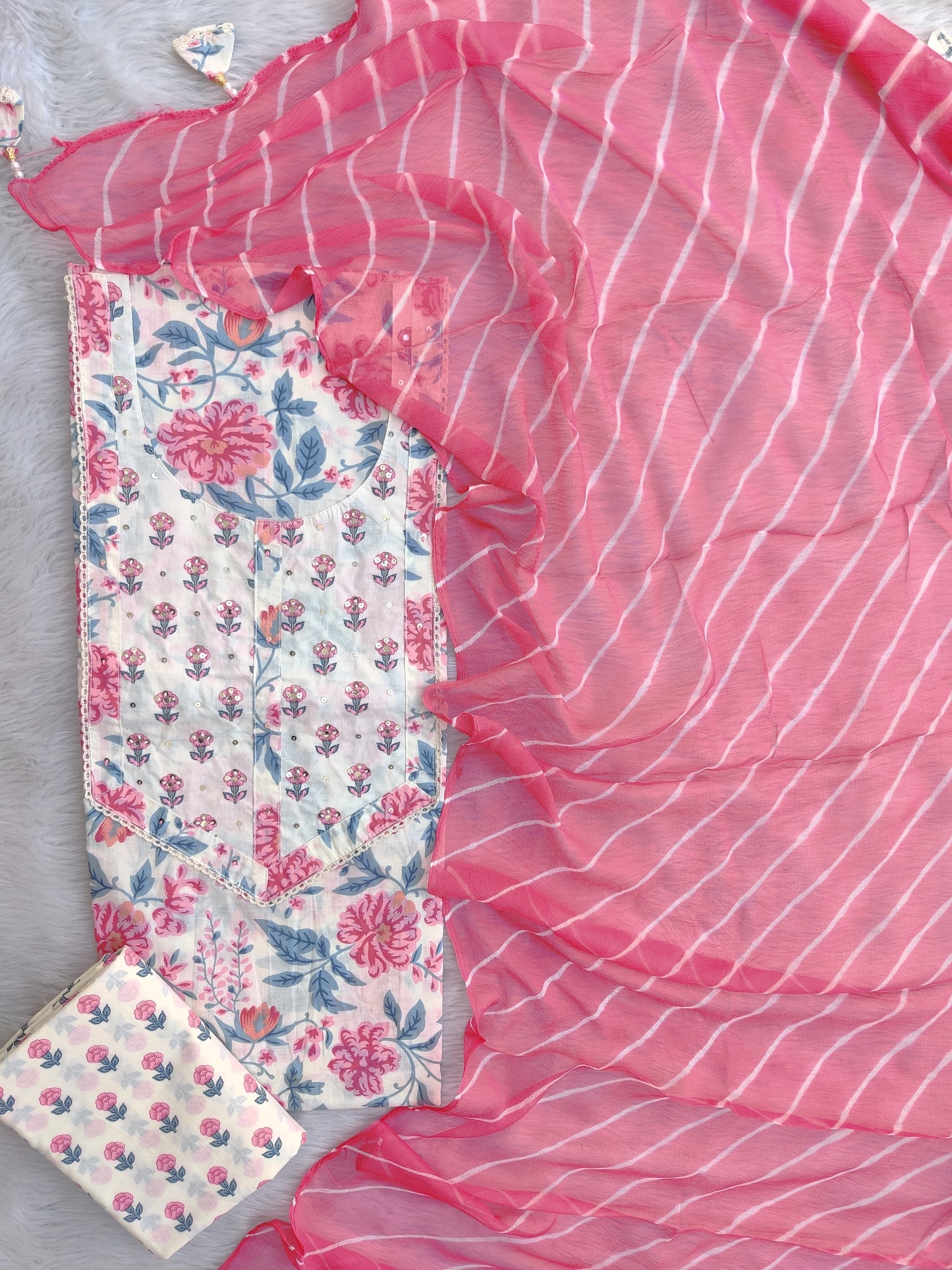 Exclusive Unstitched Cotton Neck Work Suits with Chiffon Dupatta