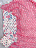 Exclusive Unstitched Cotton Neck Work Suits with Chiffon Dupatta