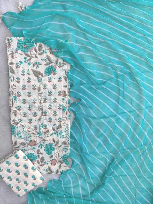 Exclusive Unstitched Cotton Neck Work Suits with Chiffon Dupatta