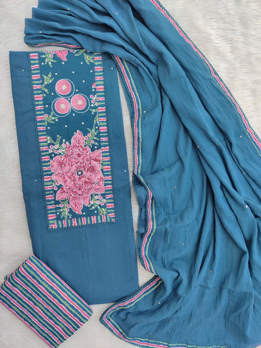 NEW LAUNCH            Exclusive Unstitched Cotton Neck Work Suits with Mulmul Dupatta
