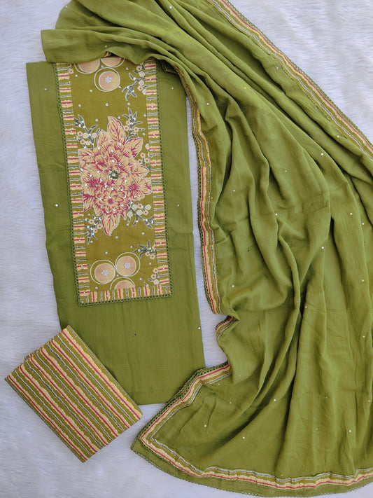 NEW LAUNCH            Exclusive Unstitched Cotton Neck Work Suits with Mulmul Dupatta