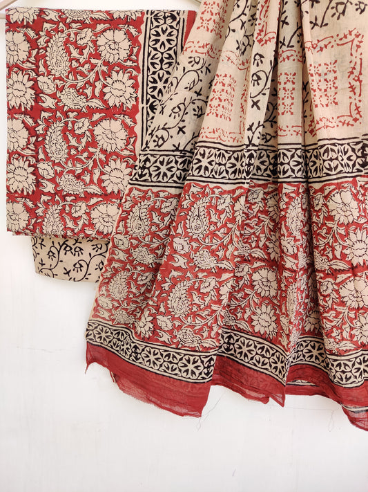 KALAMKARI Cotton Block Printed Cotton Suit with Mulmul Cotton Dupatta