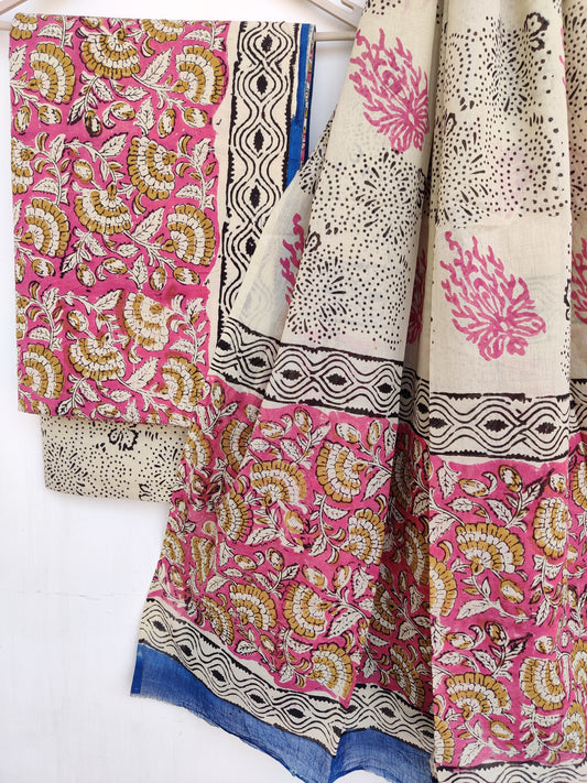 KALAMKARI Cotton Block Printed Cotton Suit with mulmul cotton Dupatta
