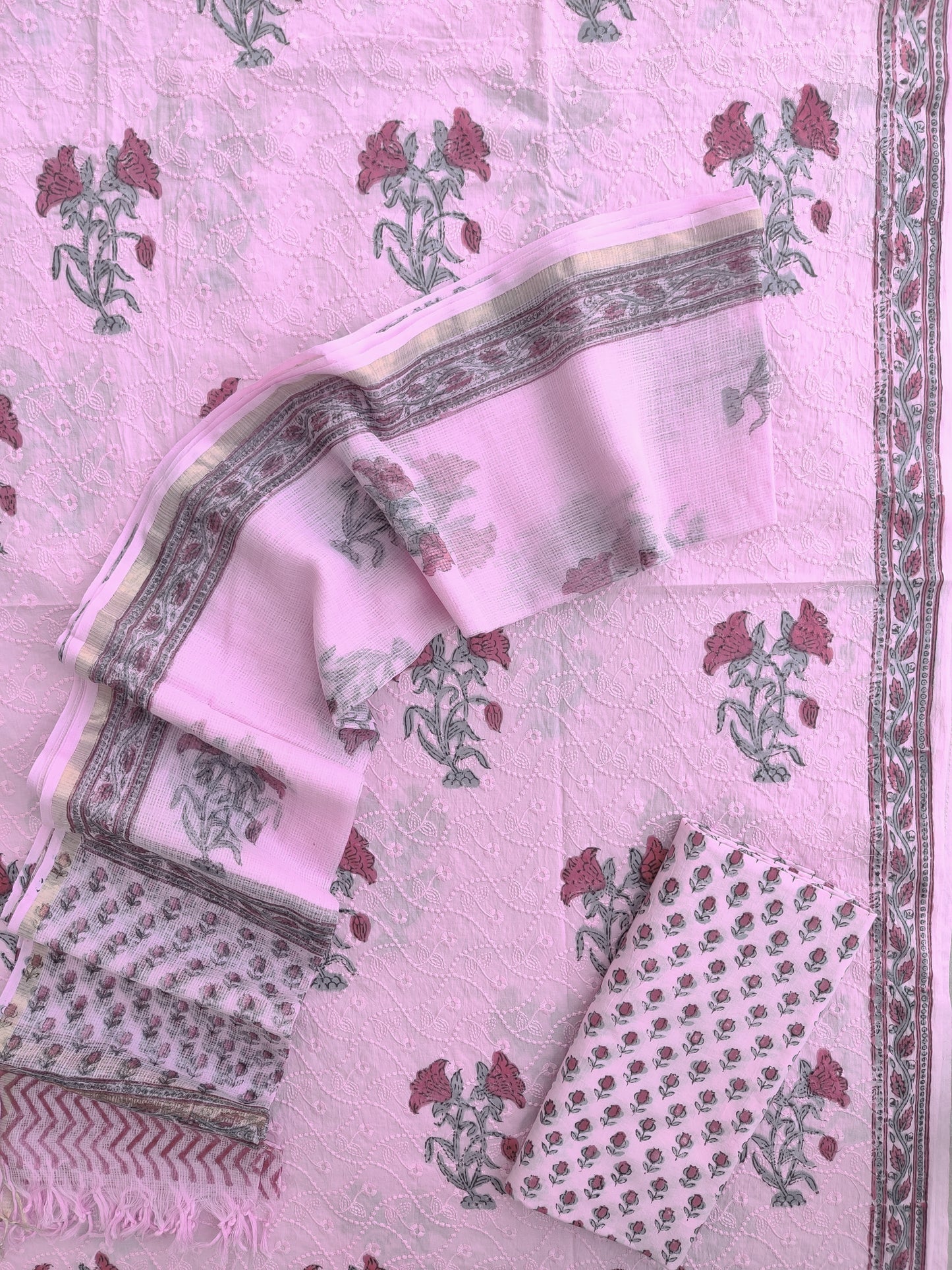 Hand Block Printed Cotton Schiffli Suit with Kota Doria Dupatta